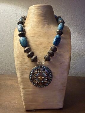 Blue Stone and Ornate Medallion Statement Necklace